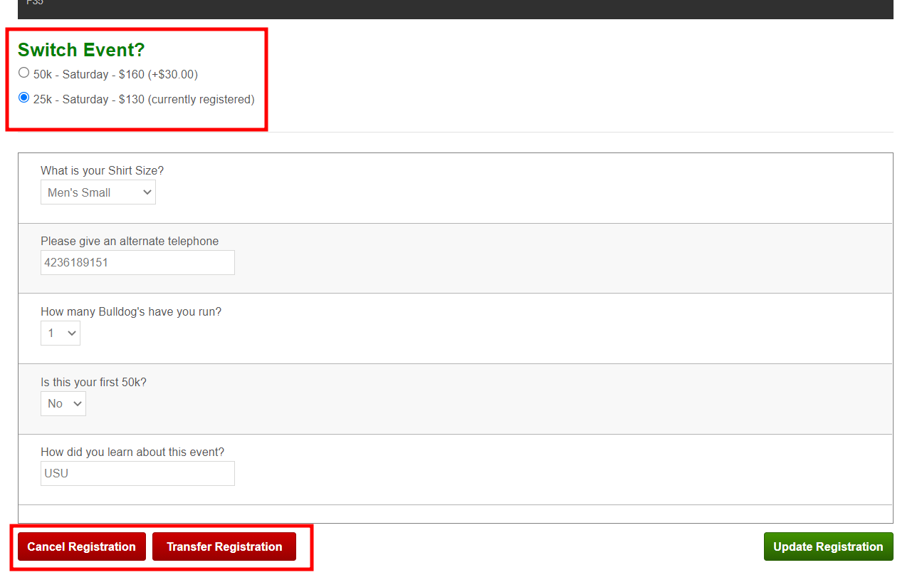 Update Registration Screen